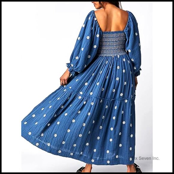 Polyester Bohemian Floral Embroidered Maxi Dress with Lantern Sleeves - Picture 2 of 7